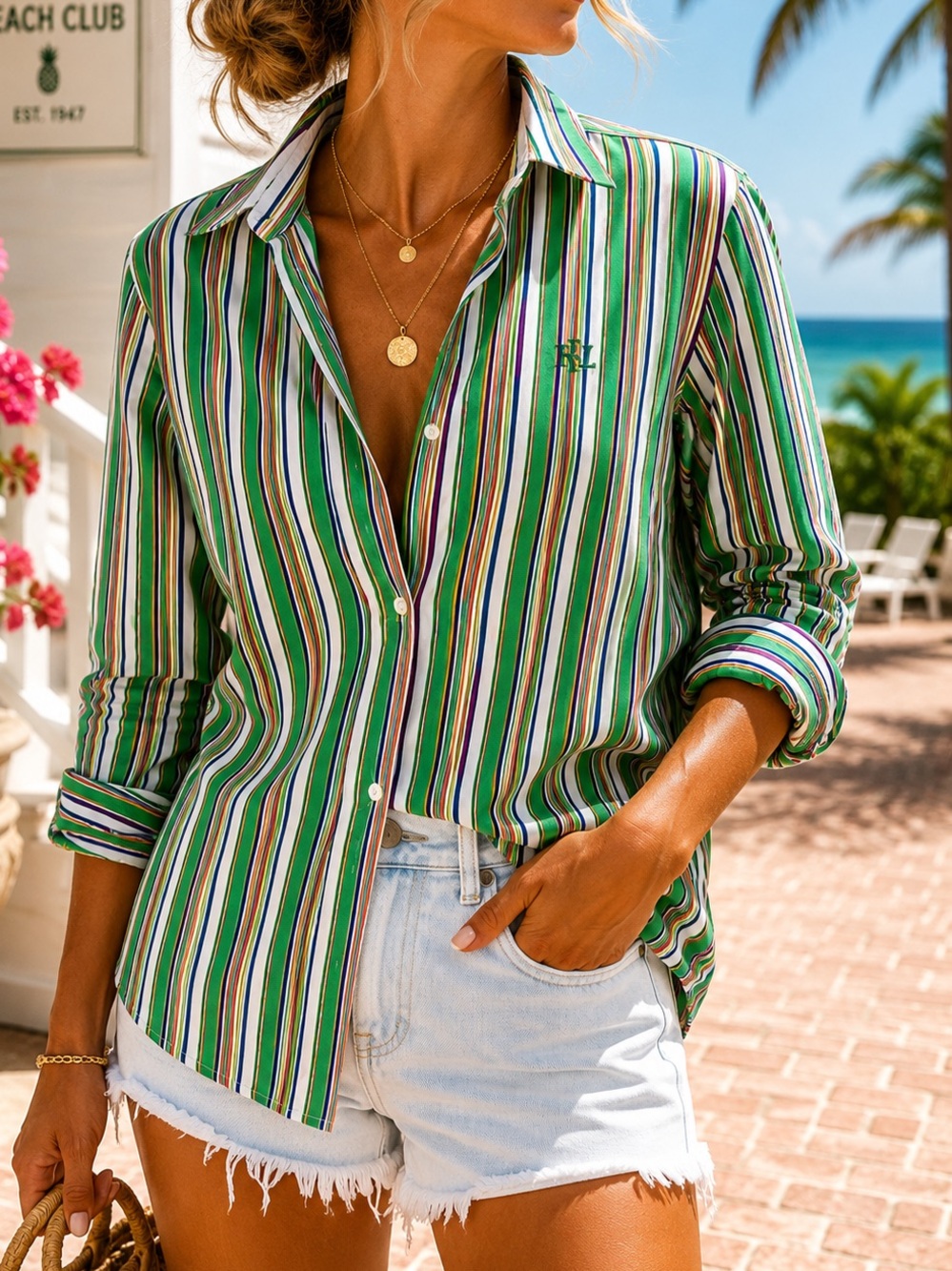 Lauren Ralph Lauren Coastal Resort Stripe Button Down Shirt XL